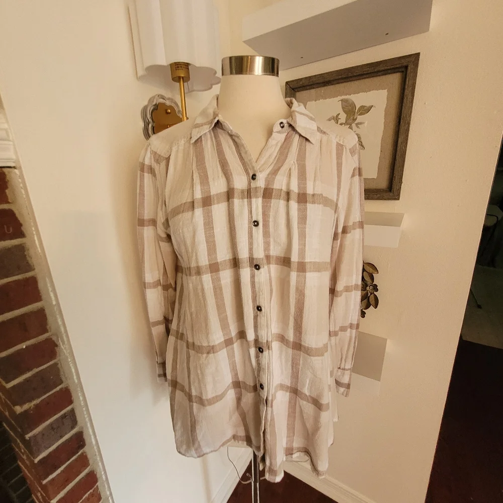 Free People Preppy In Plaid Long Sleeve Button Front Top Ruffle Back Boho 90s L