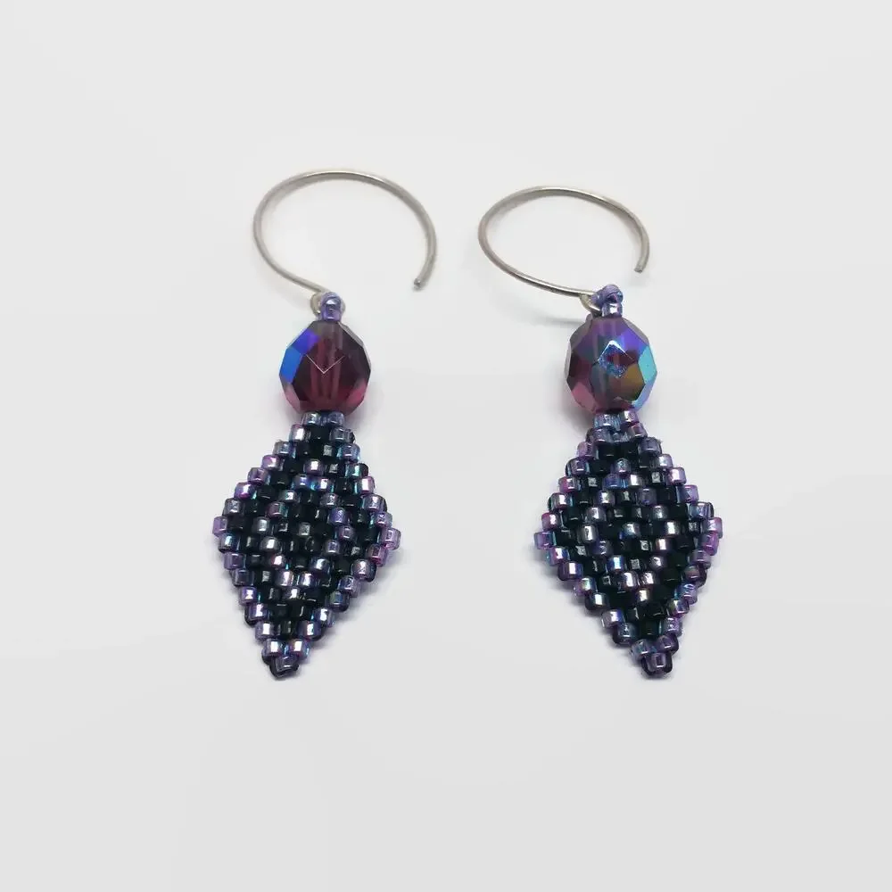 Purple & Black Beadwork Earrings With Hand Wrought Sterling Silver Ear Wires