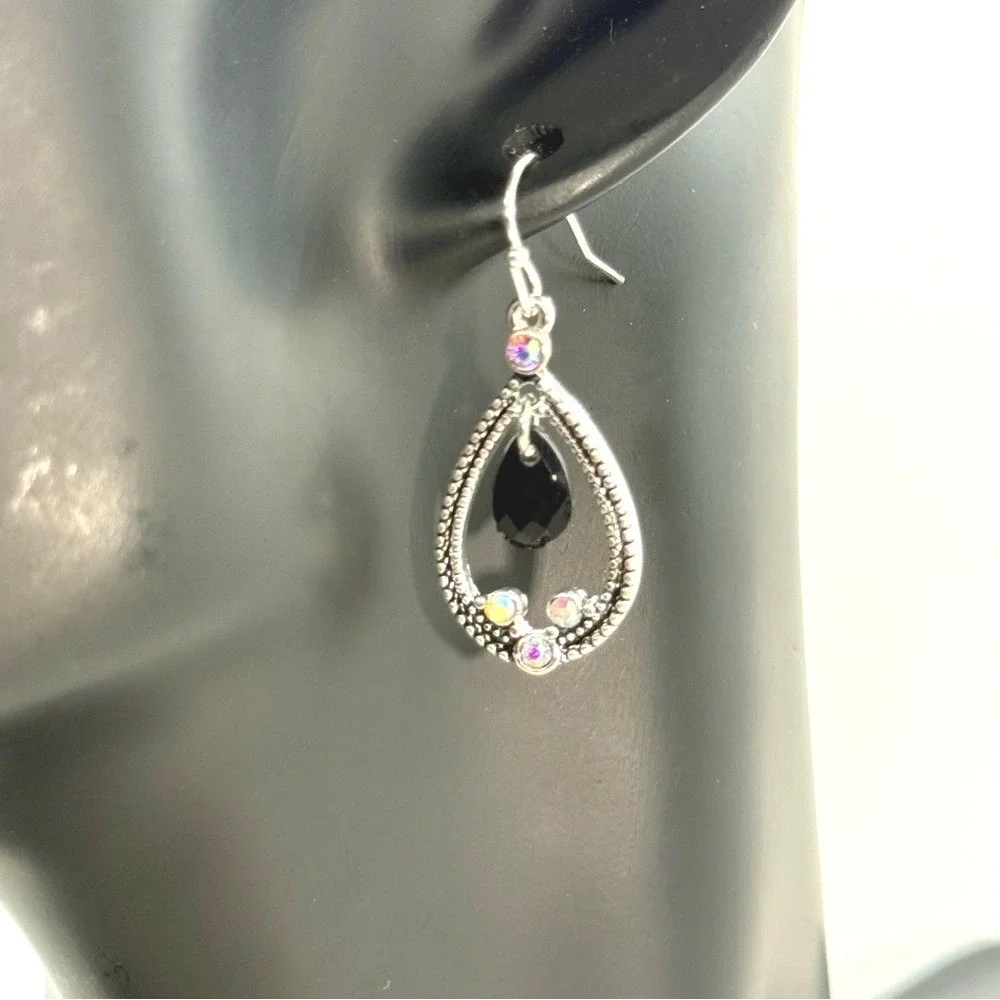 Ear‎ Sense Silver Tone Black Teardrop AB Rhinestone Hypoallergenic Earrings NEW