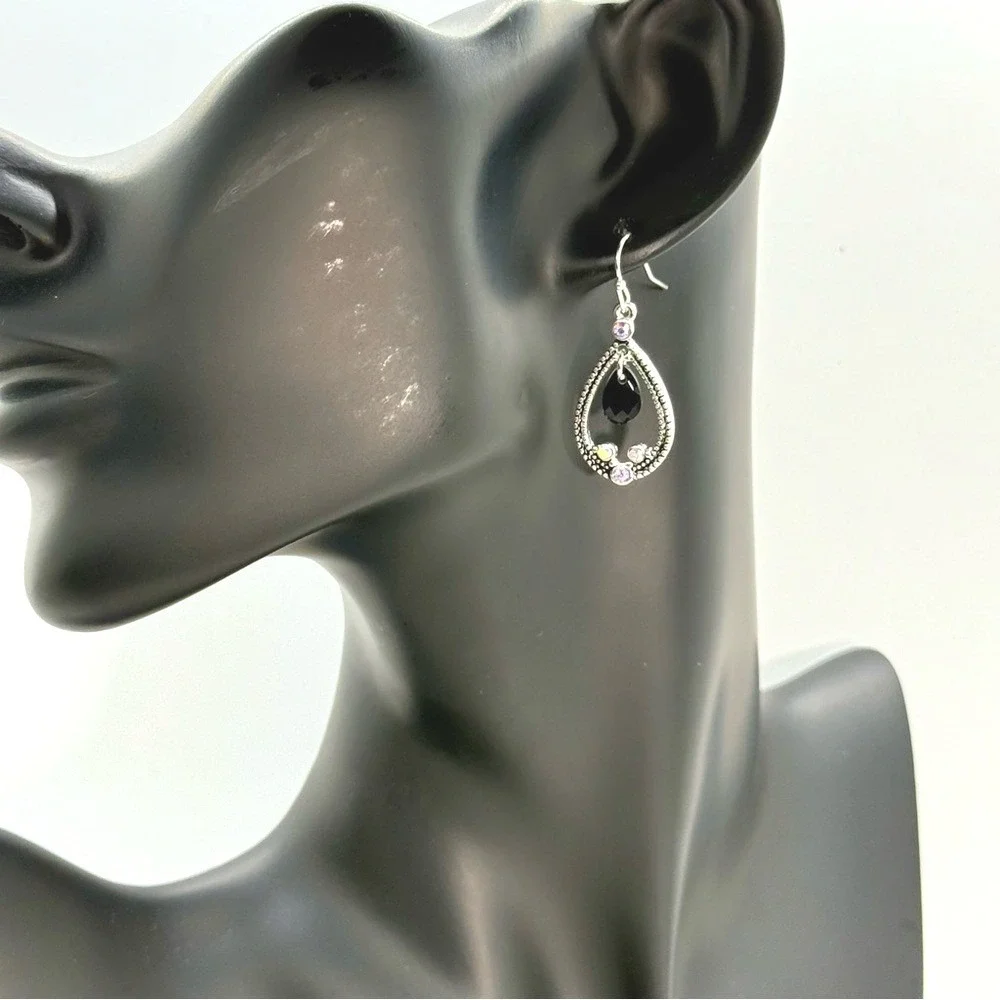 Ear‎ Sense Silver Tone Black Teardrop AB Rhinestone Hypoallergenic Earrings NEW