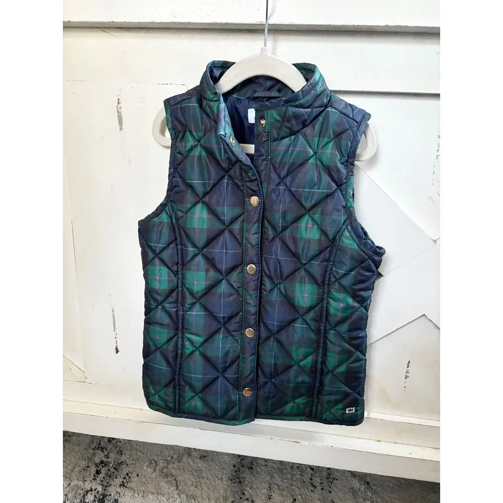 Crown & Ivy Kids Quilted Plaid Vest Navy Green Puffer Size S Christmas Holiday‎