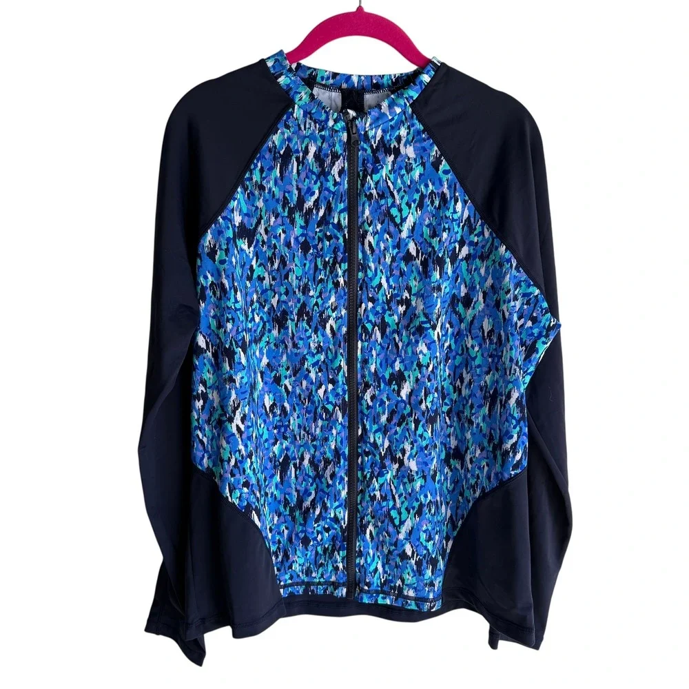 SWIMSUITS FOR ALL Navy Chlorine Resistant Zip Front Long Sleeve Swim‎ Shirt, 16