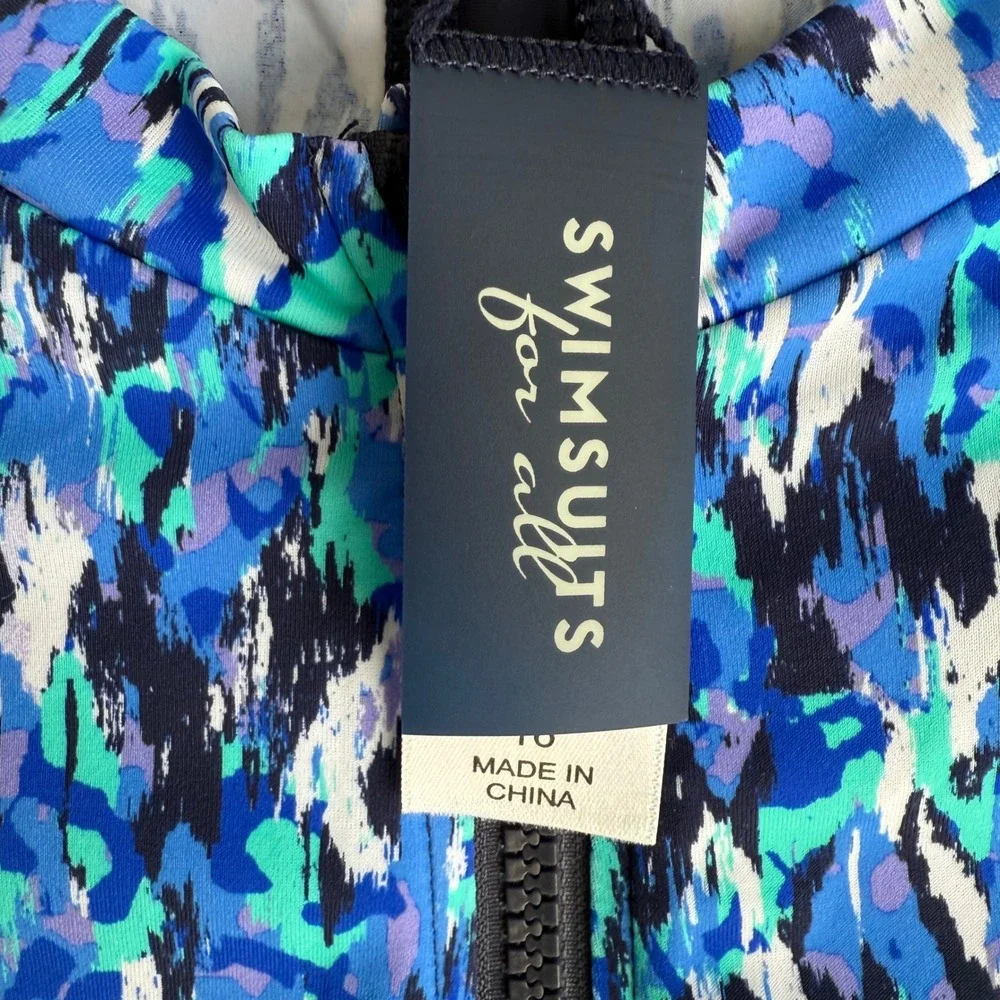 SWIMSUITS FOR ALL Navy Chlorine Resistant Zip Front Long Sleeve Swim‎ Shirt, 16