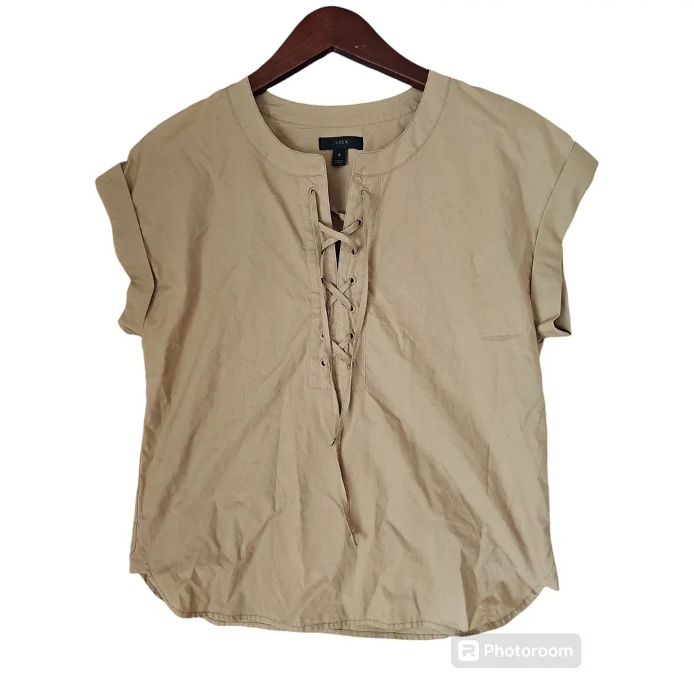 J CREW Women's Cuffed Short Cap‎ Sleeve Tan Lace Up Neck Blouse Size 4
