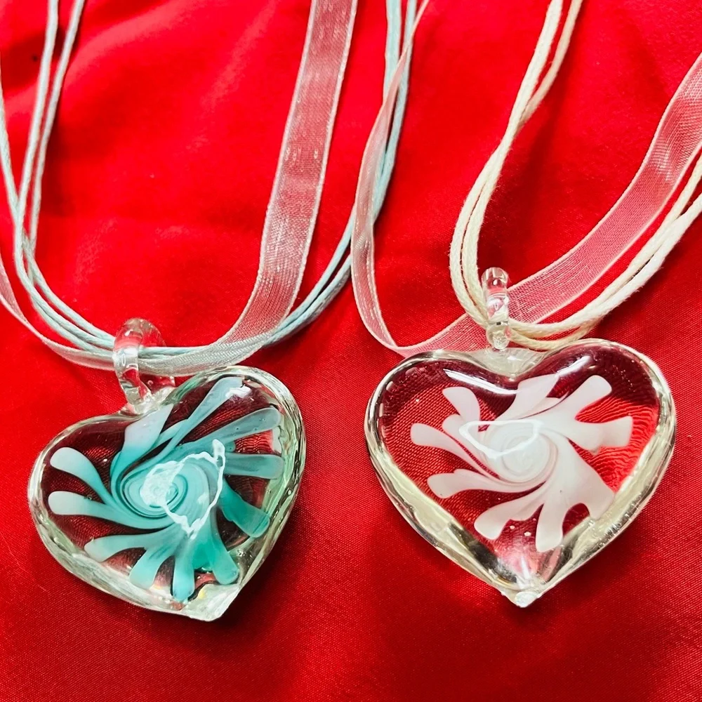 Lot of 2 Vintage Murano Glass Heart Pendant Necklaces 90s style