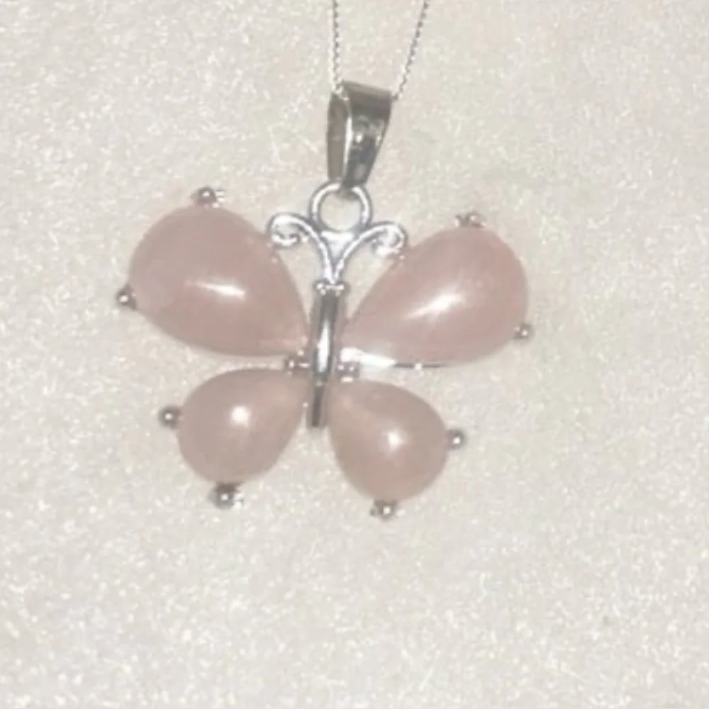 Boho hippie Rose Quartz Crystal Butterfly Sterling Silver 17” Necklace