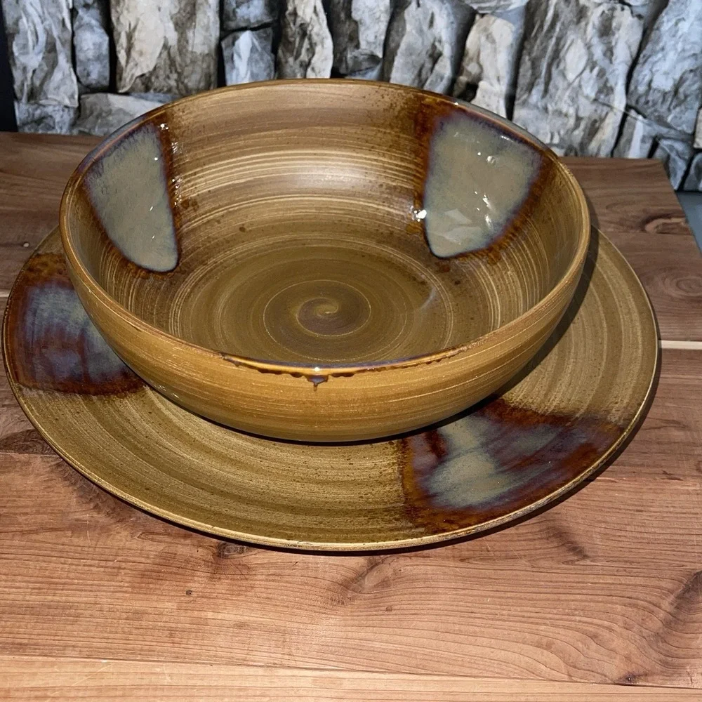 SET OF 2 SANGO SPLASH 4951 BROWN TAN DRIP GLAZED STONEWARE Plate & Bowl