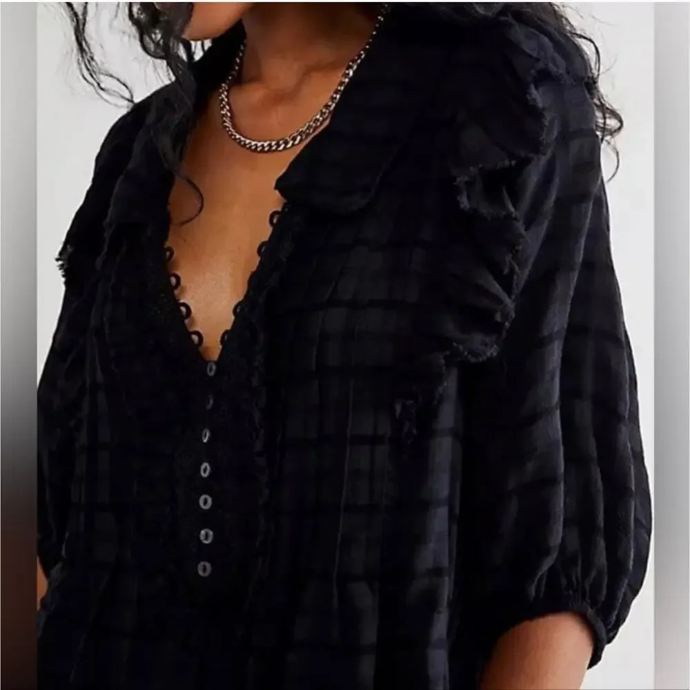 Free People Black Gauze Cotton Elora Eyelet Lace Ruffle Boho Summer Mini Dress
