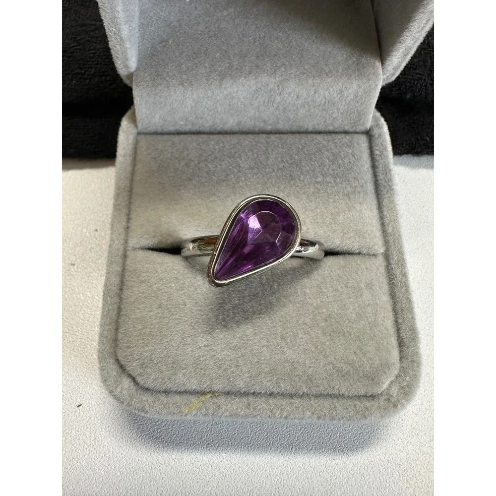 Silver Tone Purple Pear Shaped Ring Size 9.5 Minimalist