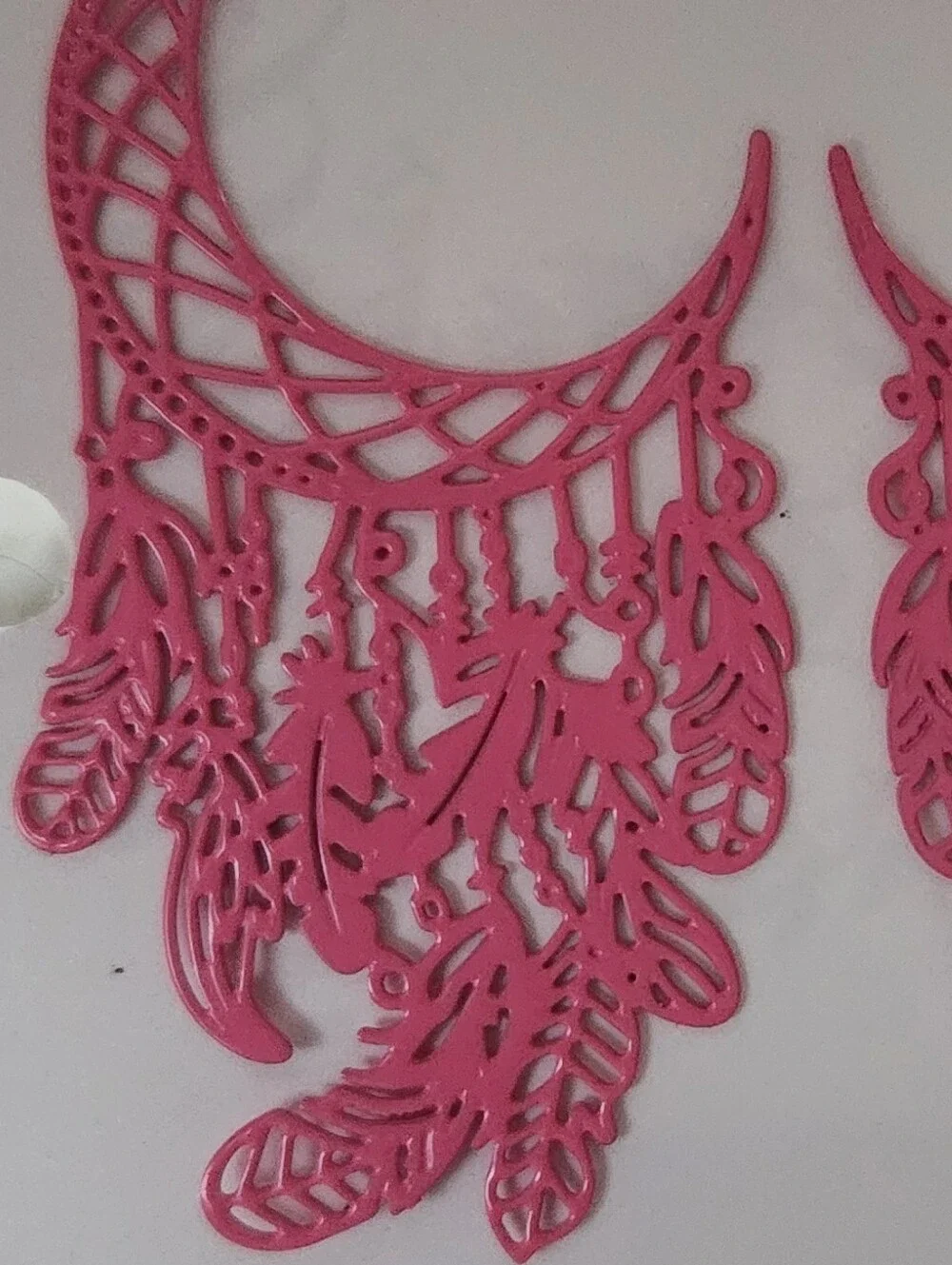 Delicate Pink Filigree Feather Drop Earrings