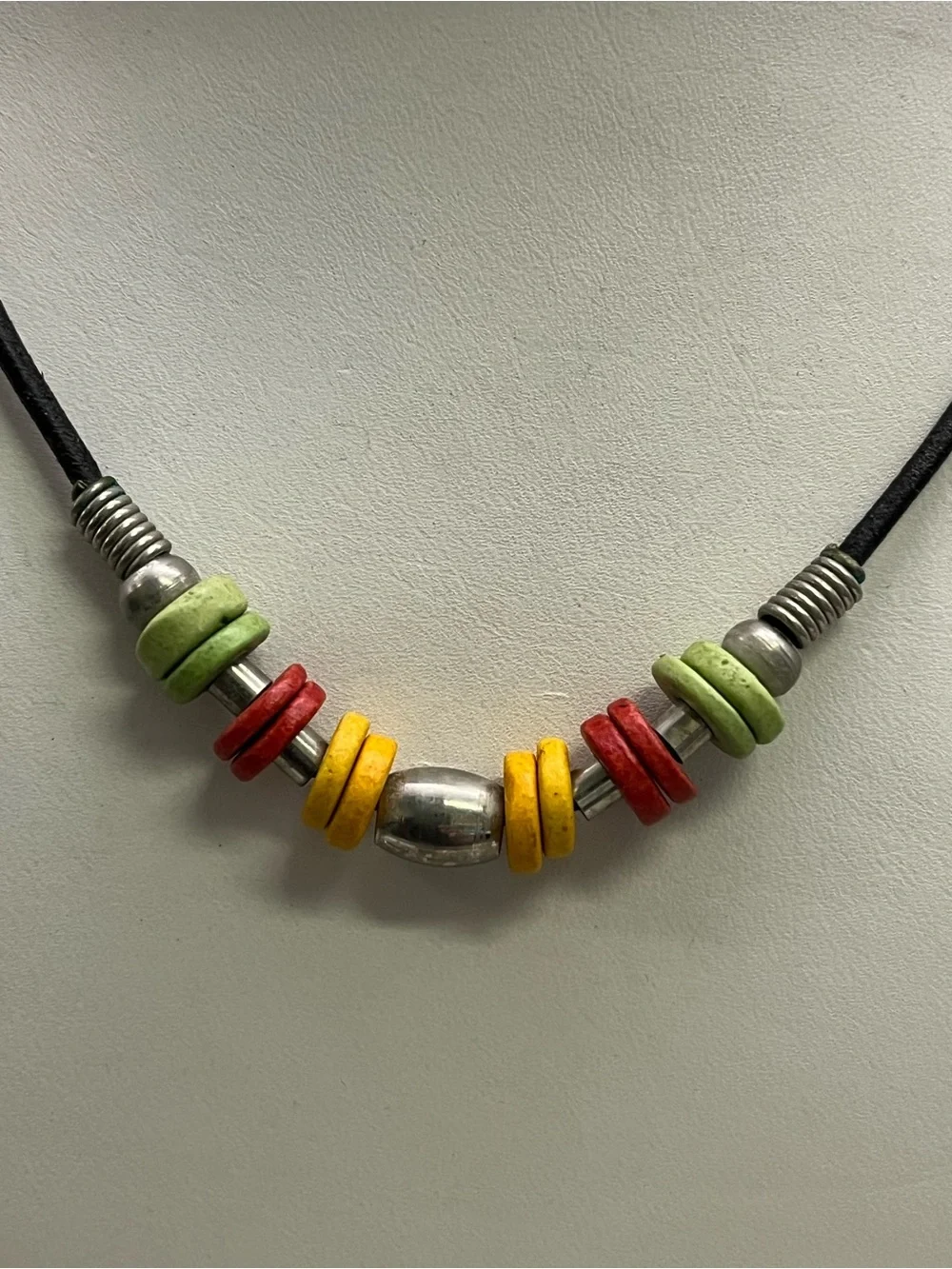 Vintage Modernist Colorful Disc Bead Necklace Black Cord Silver Tone 90s Y2K