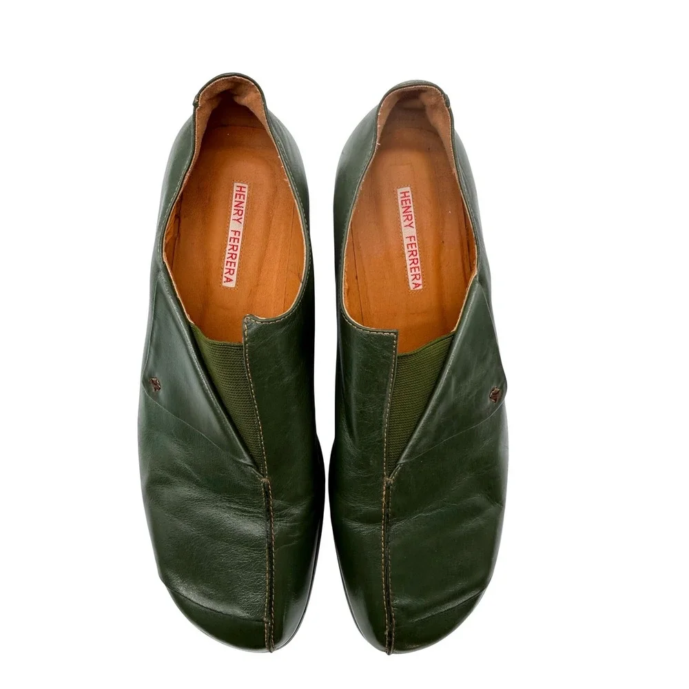 Henry Ferrera Slip On Shoes Womens 11 Green Excellent Leather Loafers Square Toe
