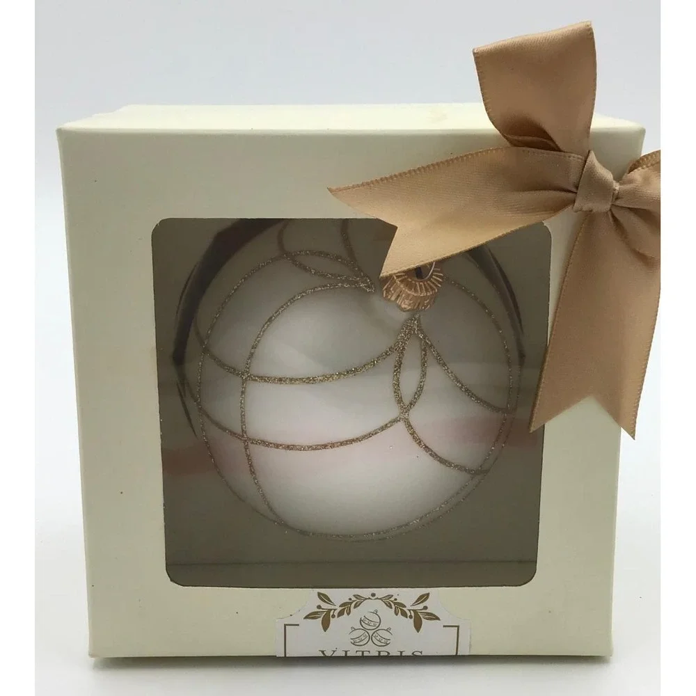 NIB Vitbis Poland Hand Blown Glass Christmas Ornament White Gold Glitter Luxe 4