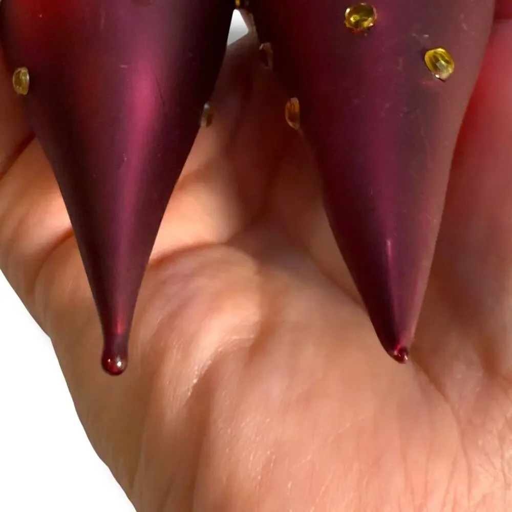 2 VTG Blown Glass Red Gold Glitter Rhinestone Icicle Oblong Christmas Ornaments