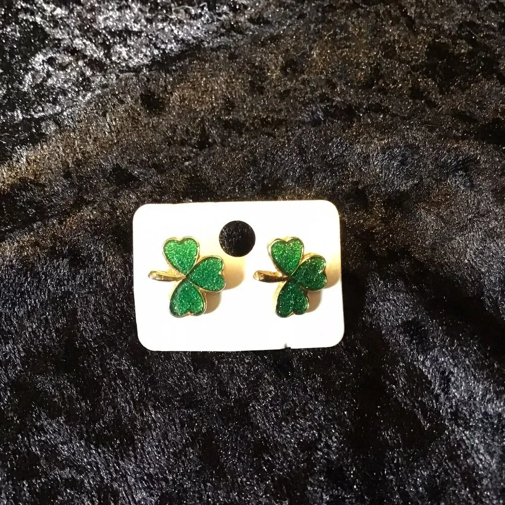 Green Enamel Sparkle Shamrock Clover Post Pierced Earrings New Old Stock