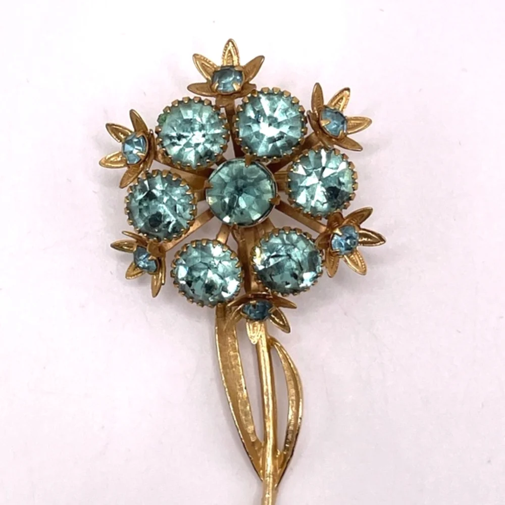 Brooch Vintage Aqua Blue Rhinestone Gold Tone Pin