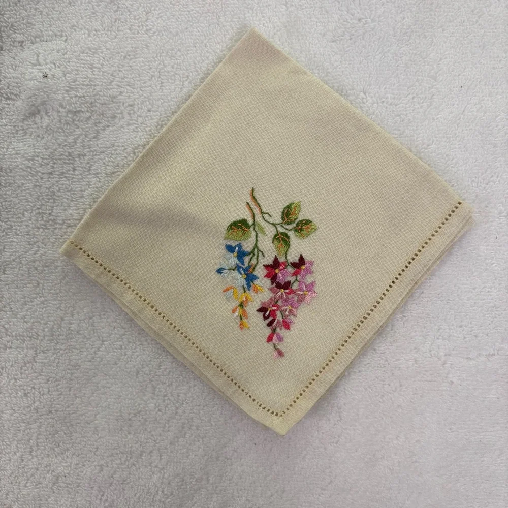 Handmade Embroidered Linen Handkerchief Floral Wisteria Blue‎ Pink Purple Accent