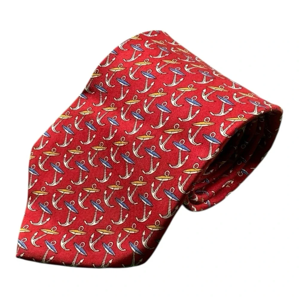 Salvatore Ferragamo Red Anchor AOP Pure Silk Men's Tie 3.5 Inch‎ Width NWT