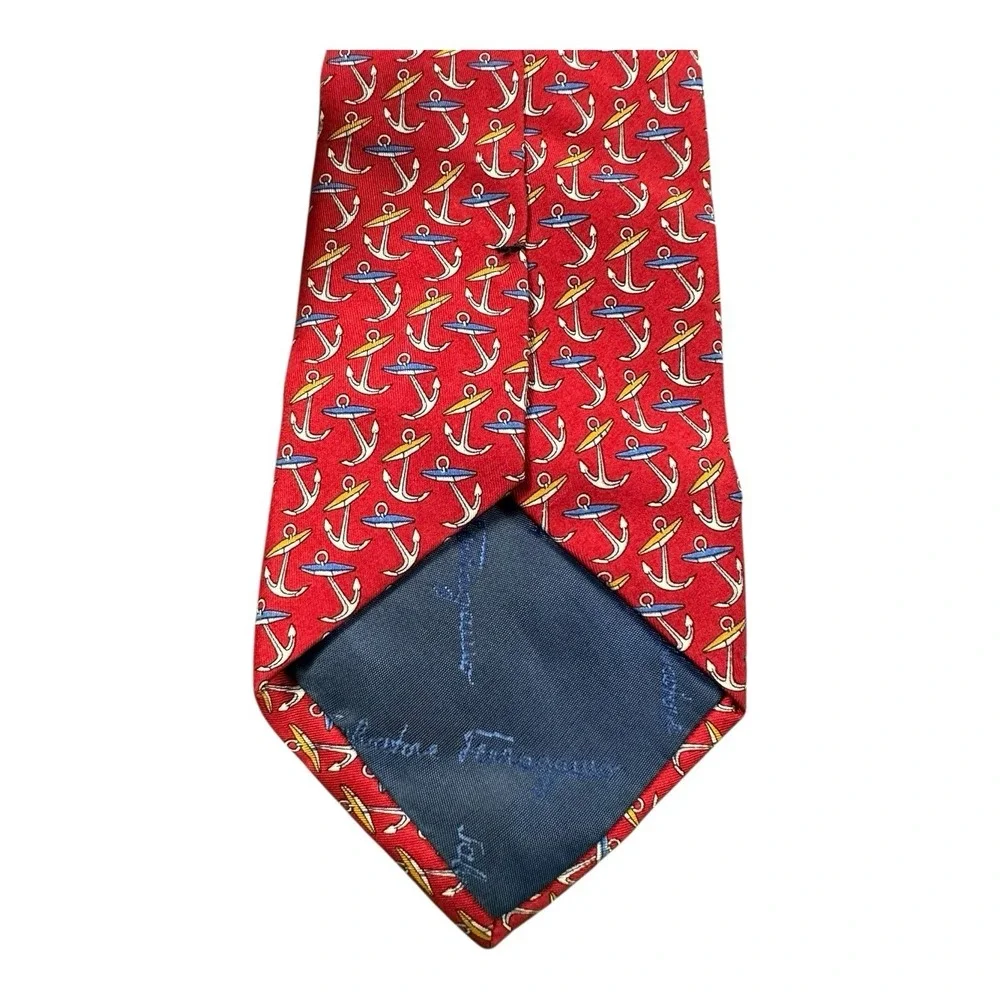 Salvatore Ferragamo Red Anchor AOP Pure Silk Men's Tie 3.5 Inch‎ Width NWT