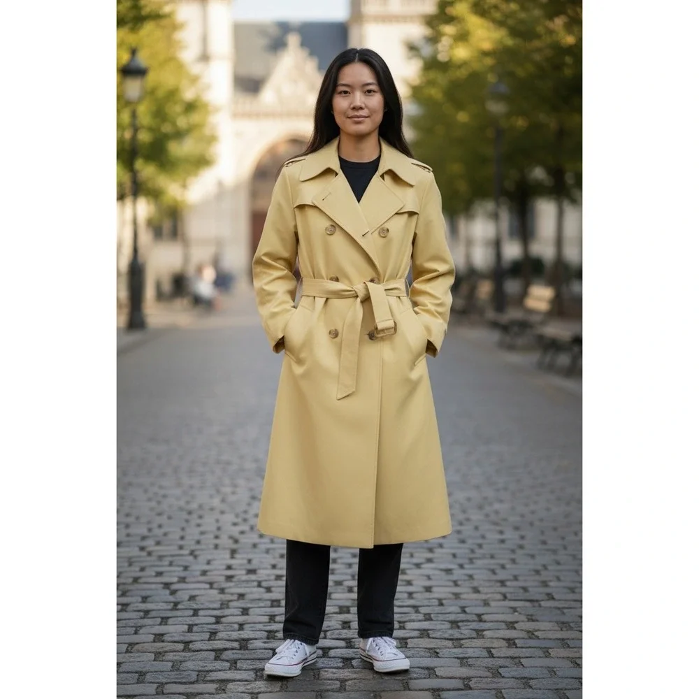 Vintage Yellow Double Breasted Trench Coat Belted Mod Oversized Collar‎ Size 10