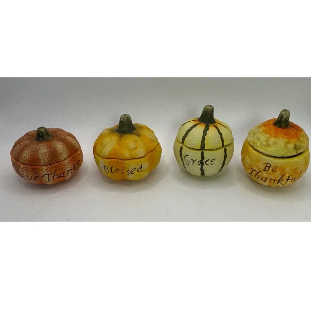 Set of 4 Ceramic‎ Pumpkin Gourd Tea Light Candle Holders Give Thanks Bless Grace