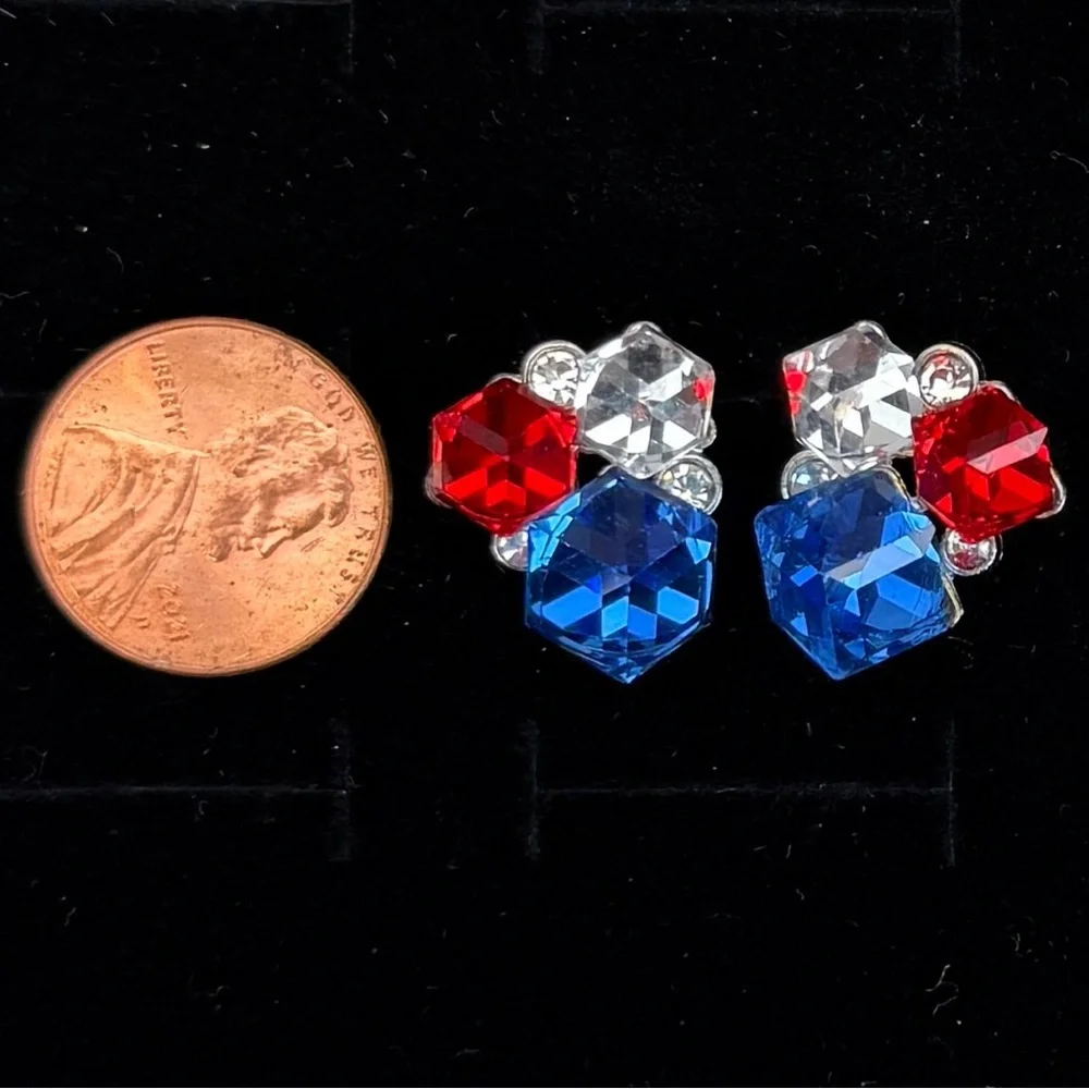 Custom, red, clear and blue pierced bling earrings