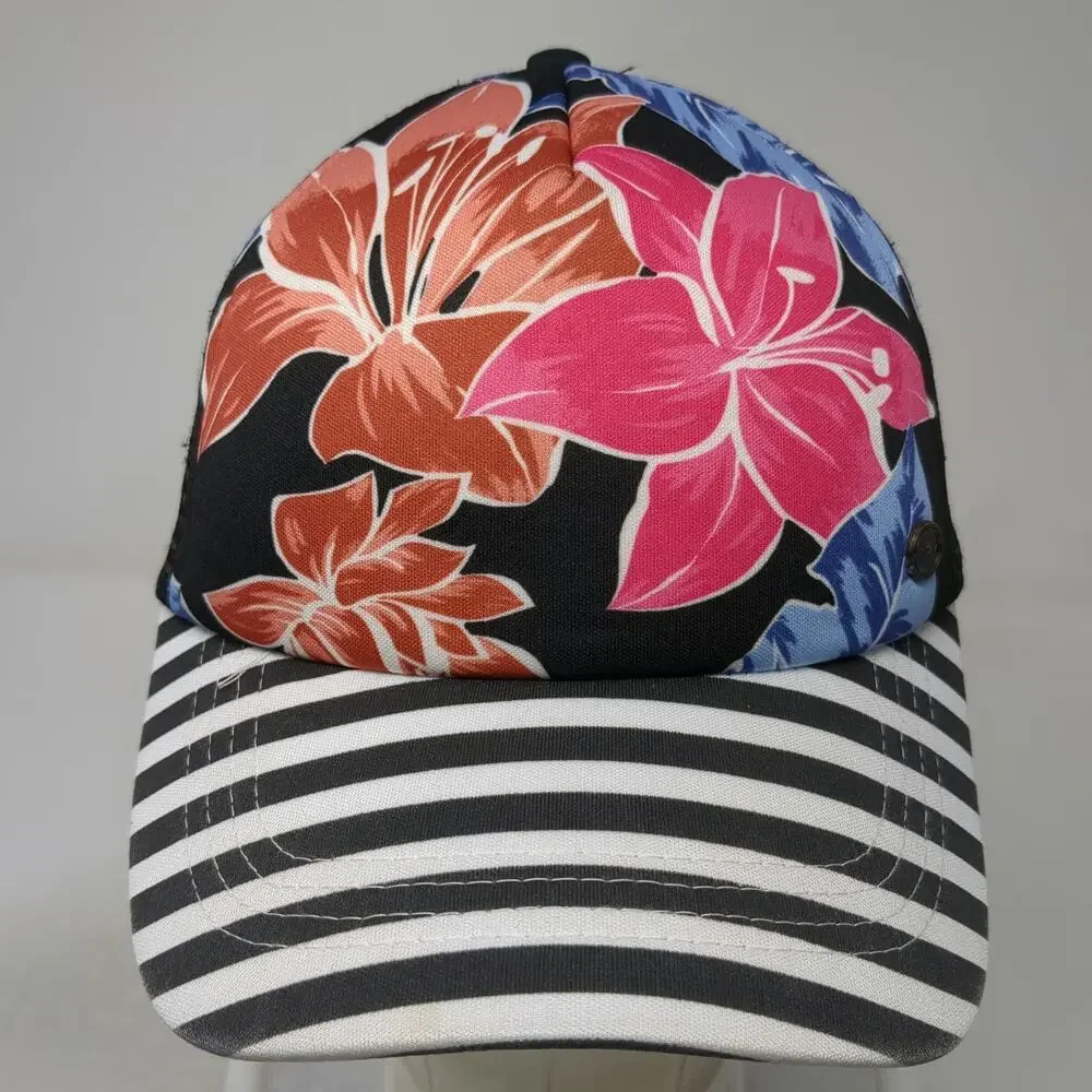 Roxy 5 Panel Black One Size Floral Striped Mesh Snapback Hat Tropical Surf Beach