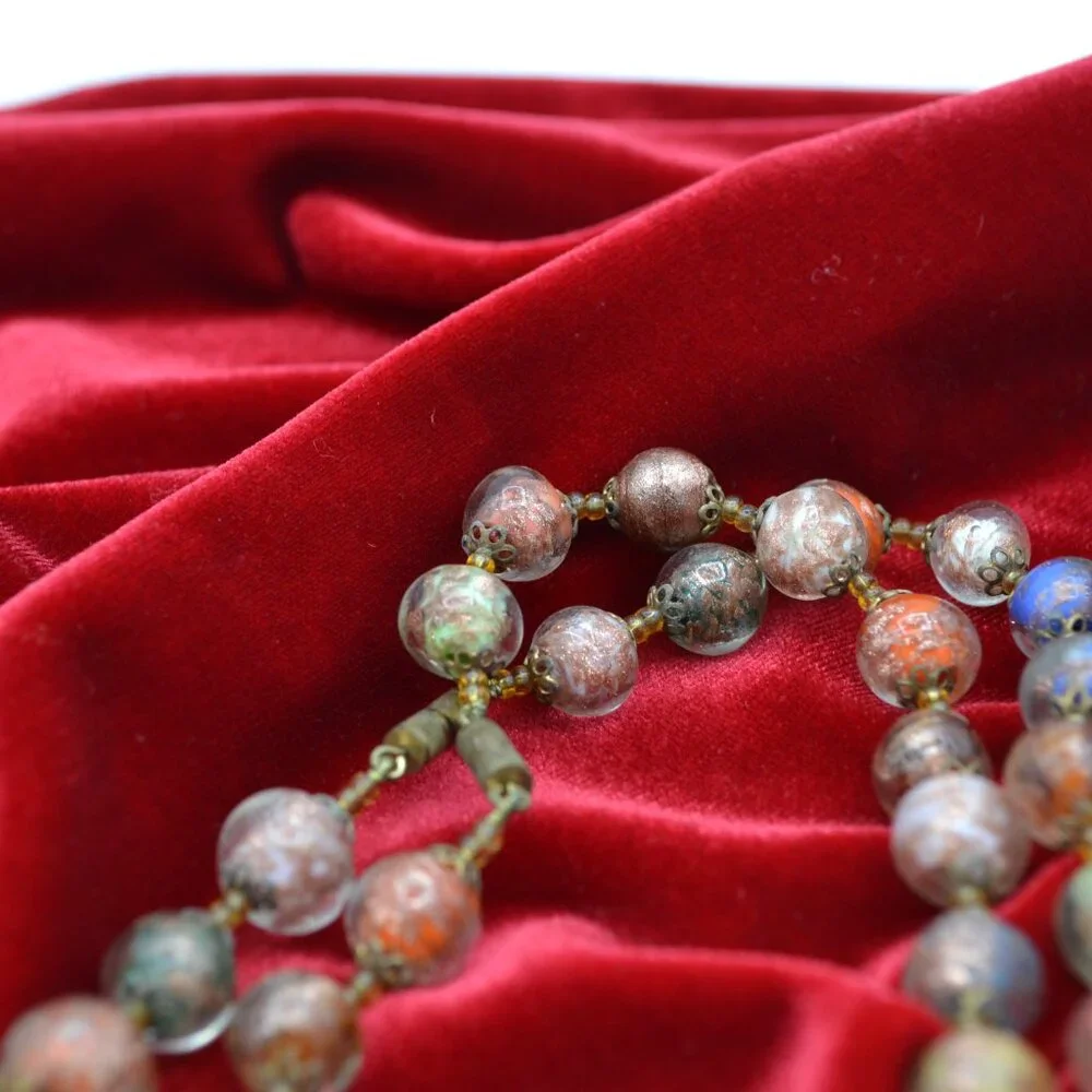 Vintage Murano Glass Bead Necklace Venetian Foil Aventurine Multi‎ Color