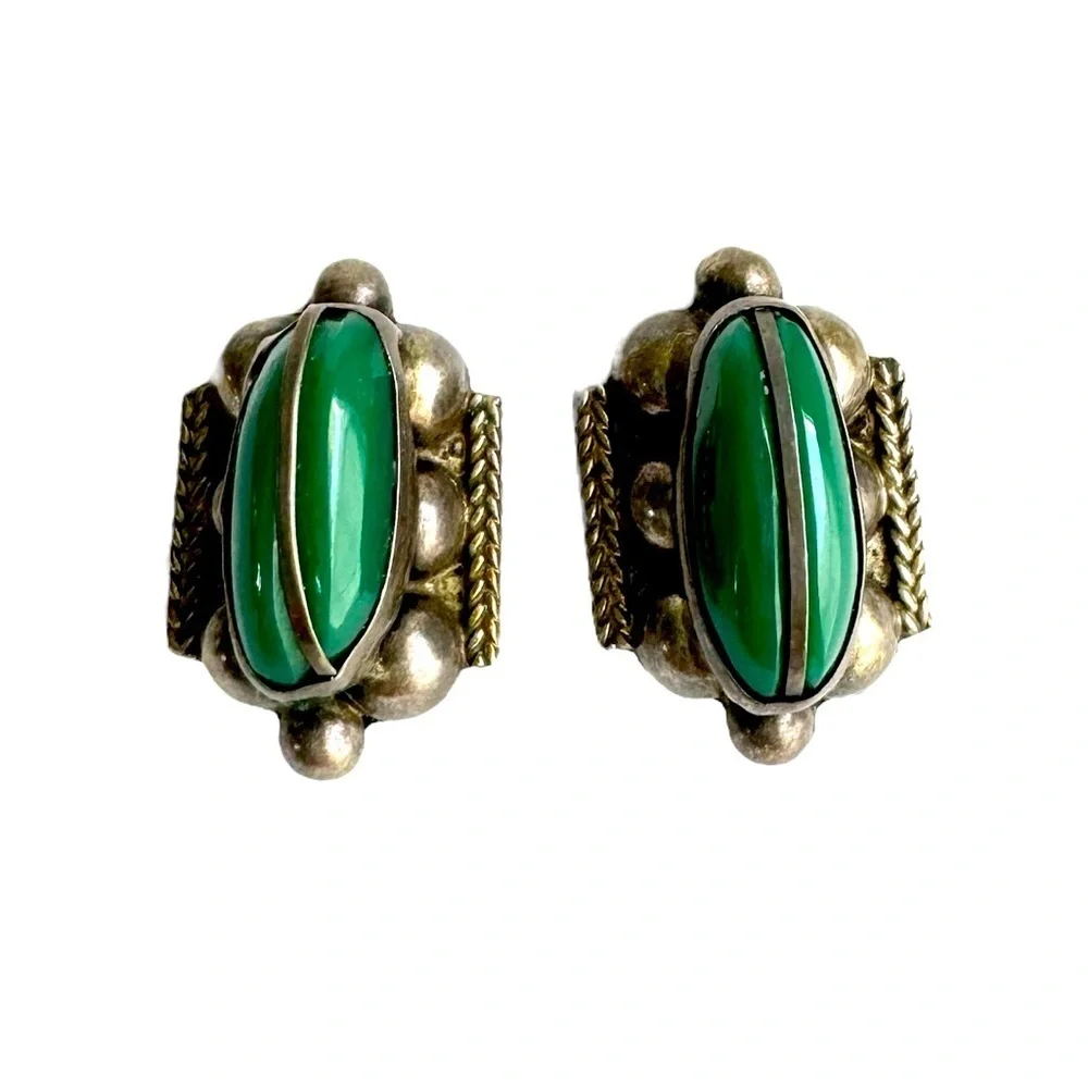 Vintage Green Onyx Earrings Sterling Silver Screw Back‎ 925 Alpaca Mexico Signed