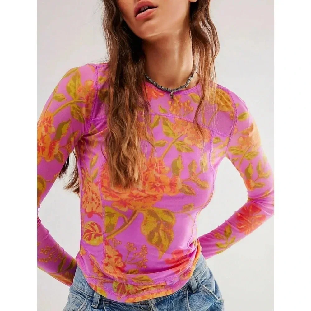 Free People Top Floral Mesh Long Sleeve Pink Orange Sheer Stretch S Fairy Boho