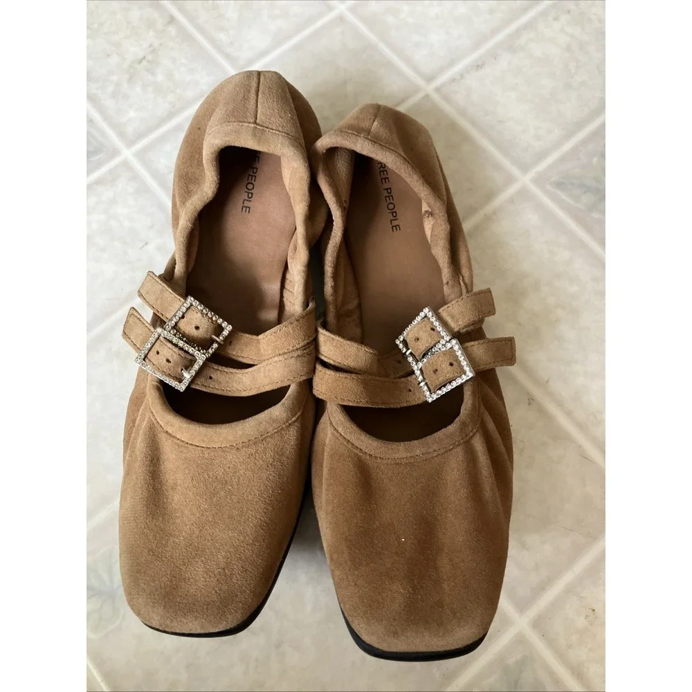 Free People Gemini Mary Jane Ballet Flats Size 7 Crystal Buckles‎ Brown Suede