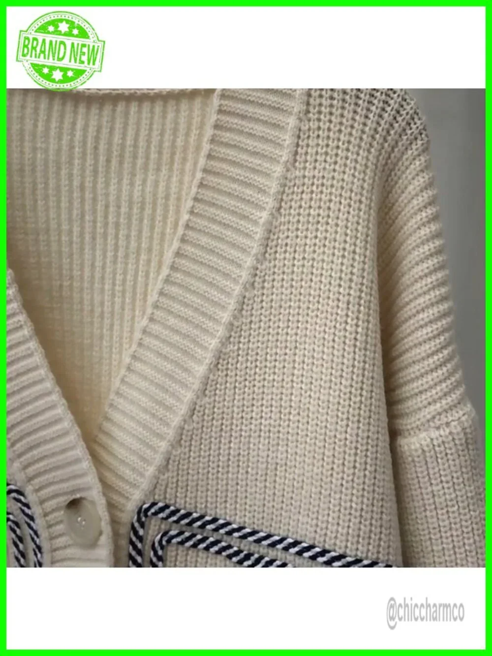 Chunky Knit Cardigan Button Down Sweater Denim Pockets Open Front