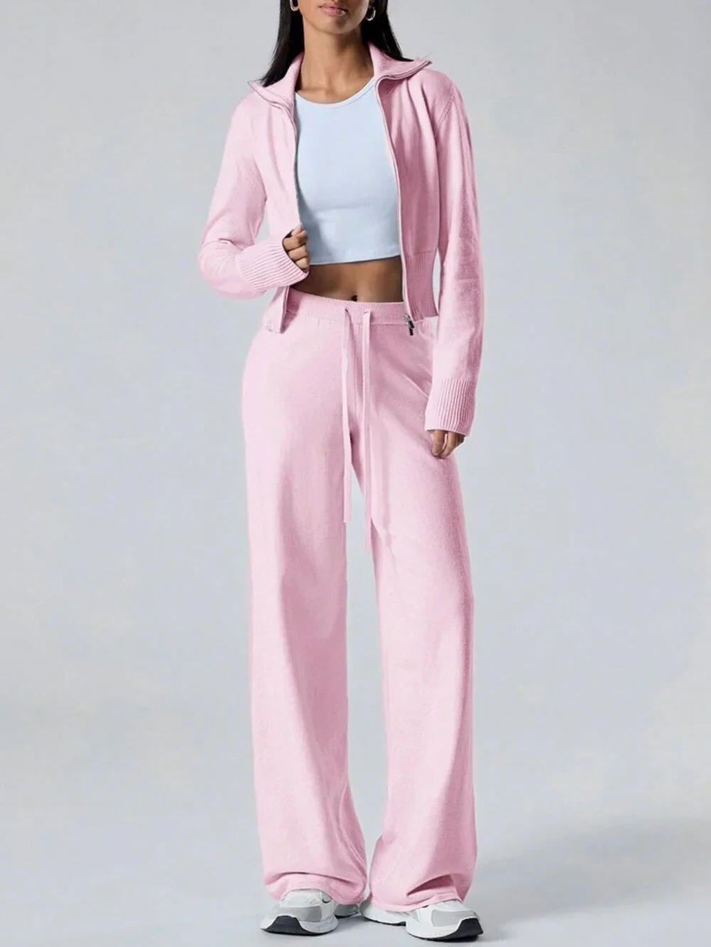 Women's Long Sleeve Zip-Front Cardigan And Knitted Long Pants Casual coord set