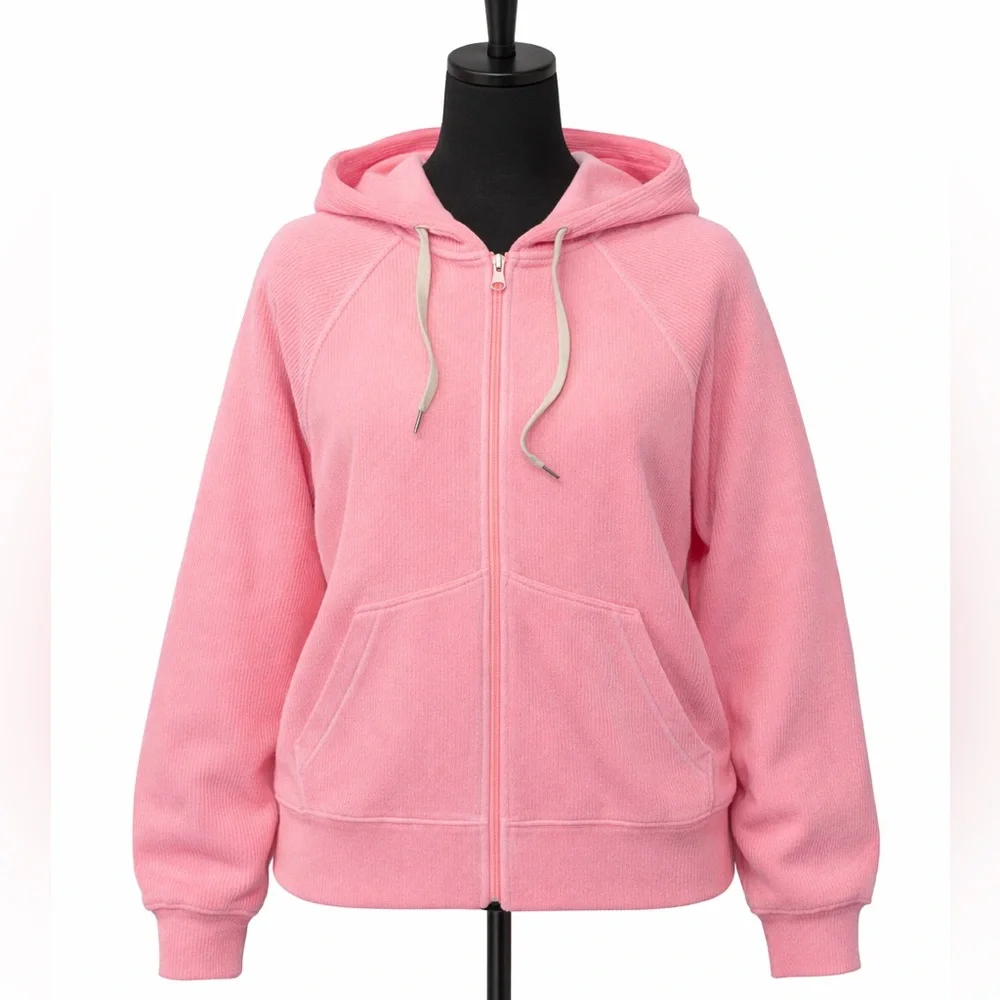 AERIE WOMEN PINK RIBBED LONG SLEEVE ZIP UP HOODIE JACKET WITH POCKETS SIZE SMALL