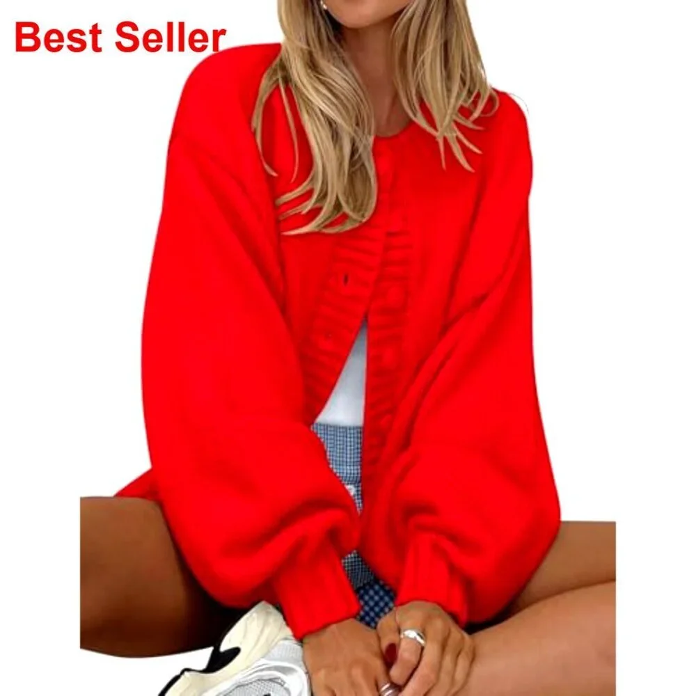 Oversized Button Front Cardigan Lantern Sleeve Sweater Open Front Women's