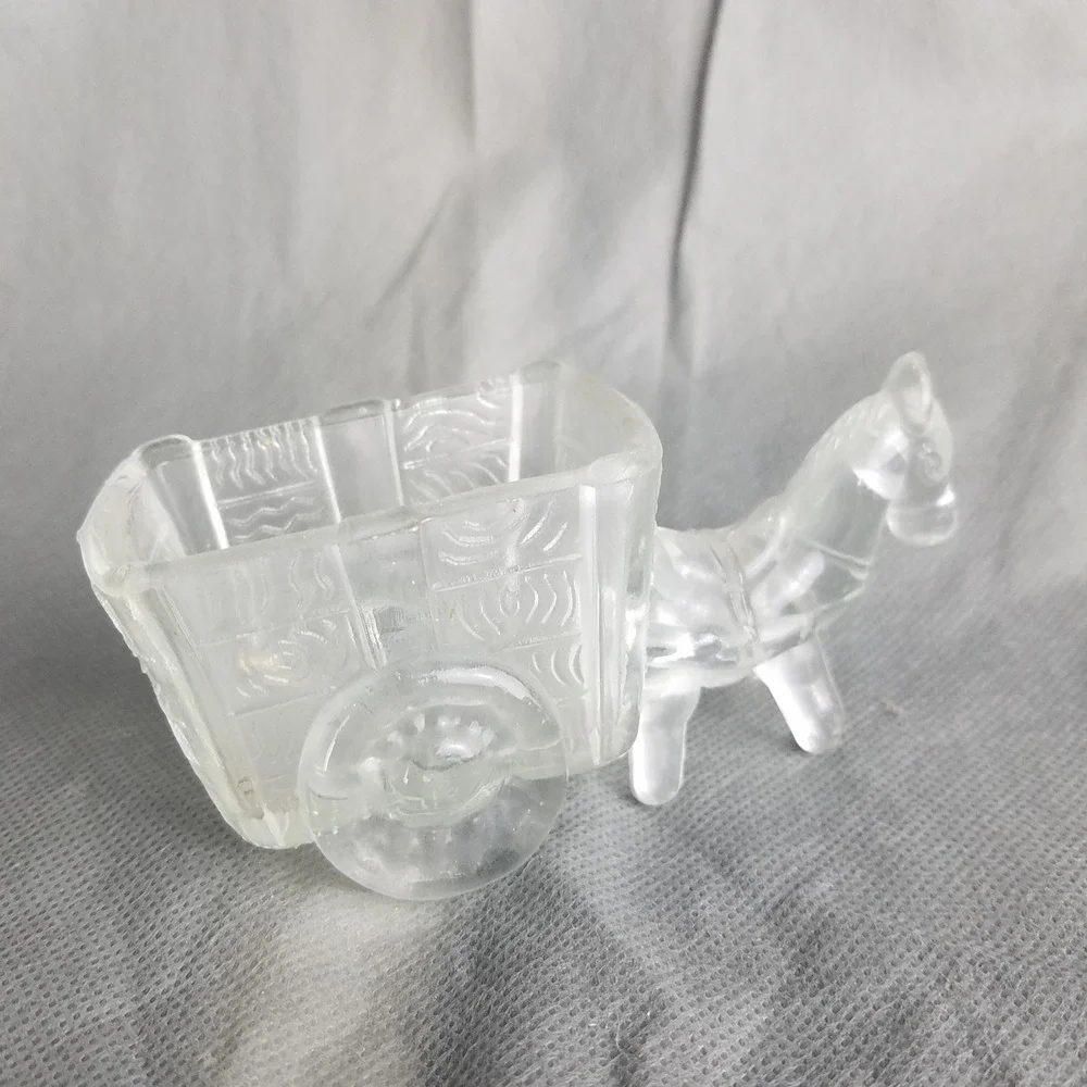 Vintage Clear Glass Donkey Cart Miniature Animal horse 4.75x2 planter candy dish