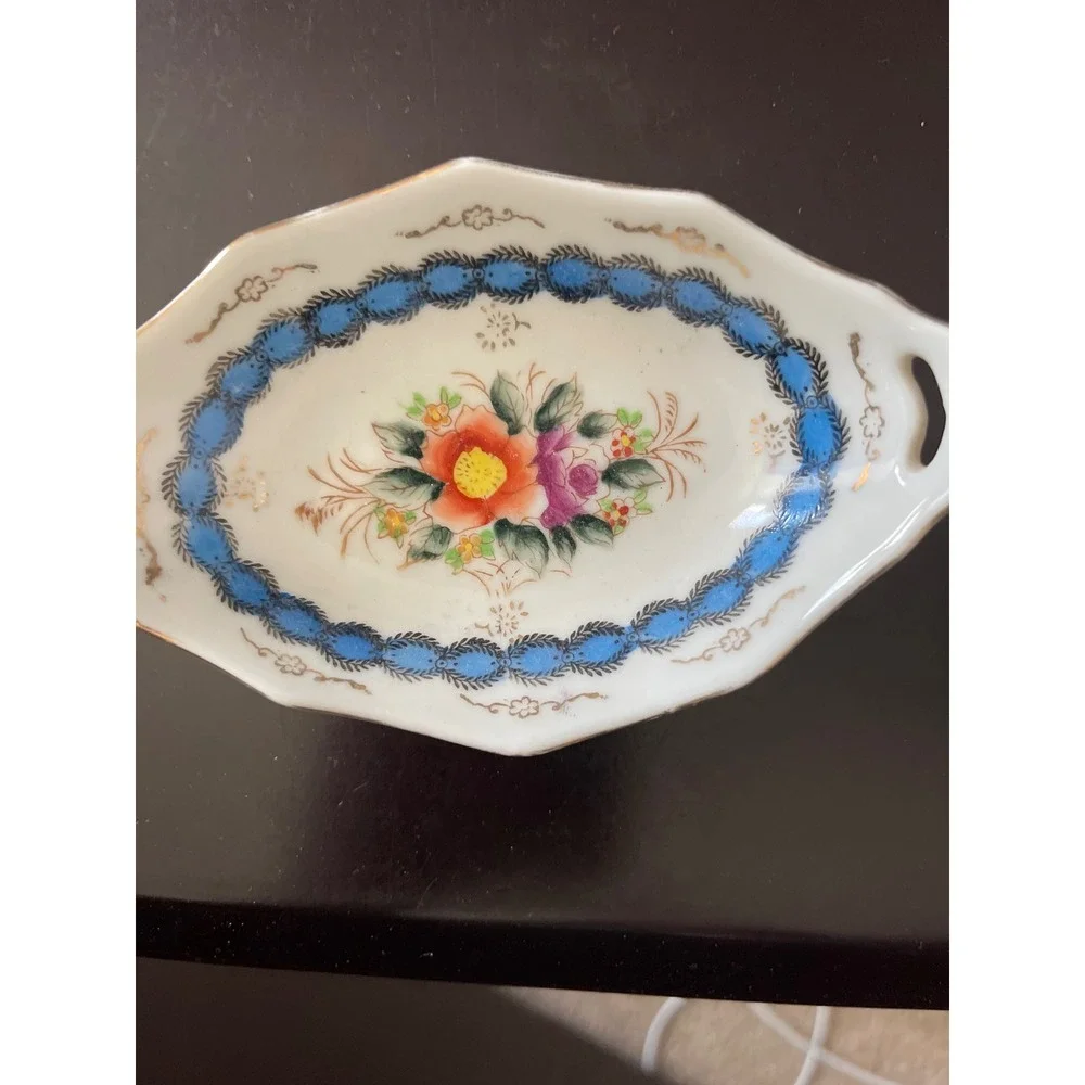 Vintage Occupied Japan‎ Hand Painted Floral Dish Blue Trim Cottagecore Trinket