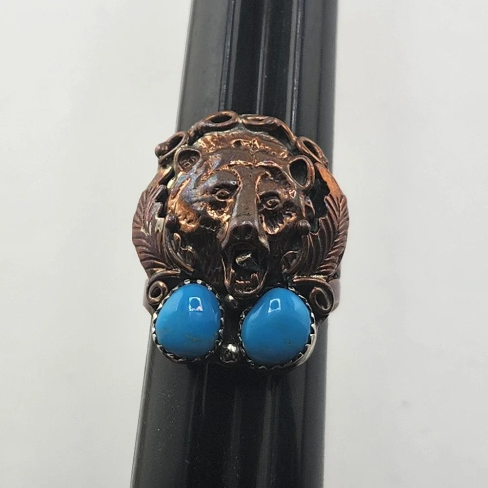 Vintage Running Bear Sterling‎ Silver Copper Turquoise Bear Ring Size 9.5
