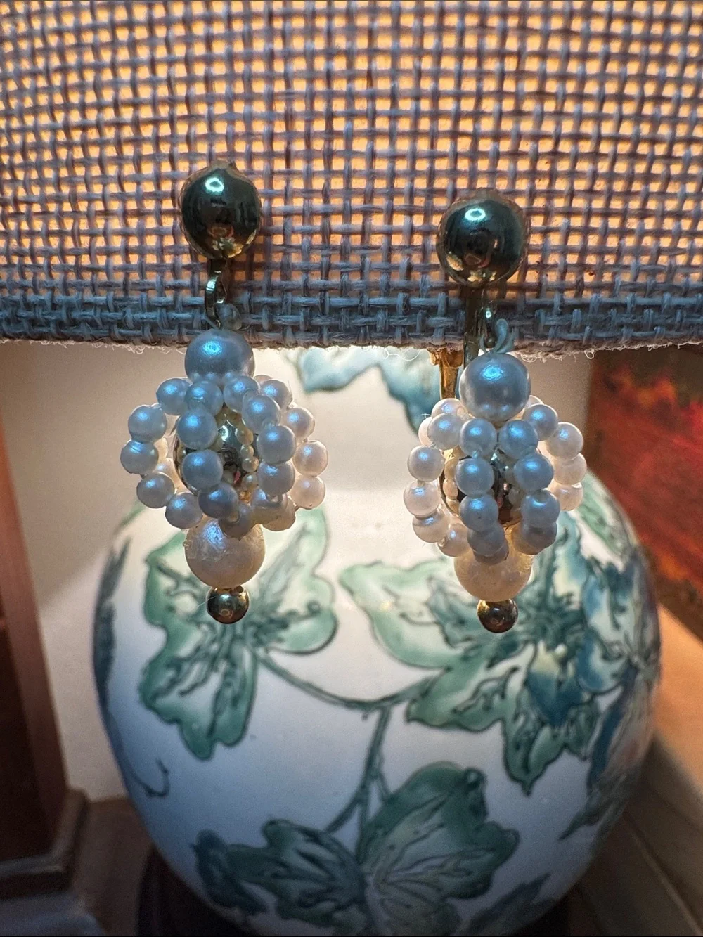 Vintage Pearl Cluster Drop Earrings - Cream and Gold Accents