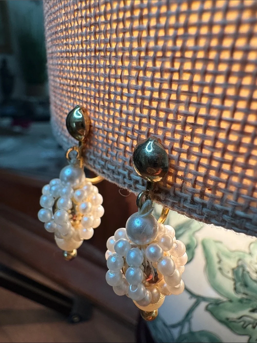 Vintage Pearl Cluster Drop Earrings - Cream and Gold Accents