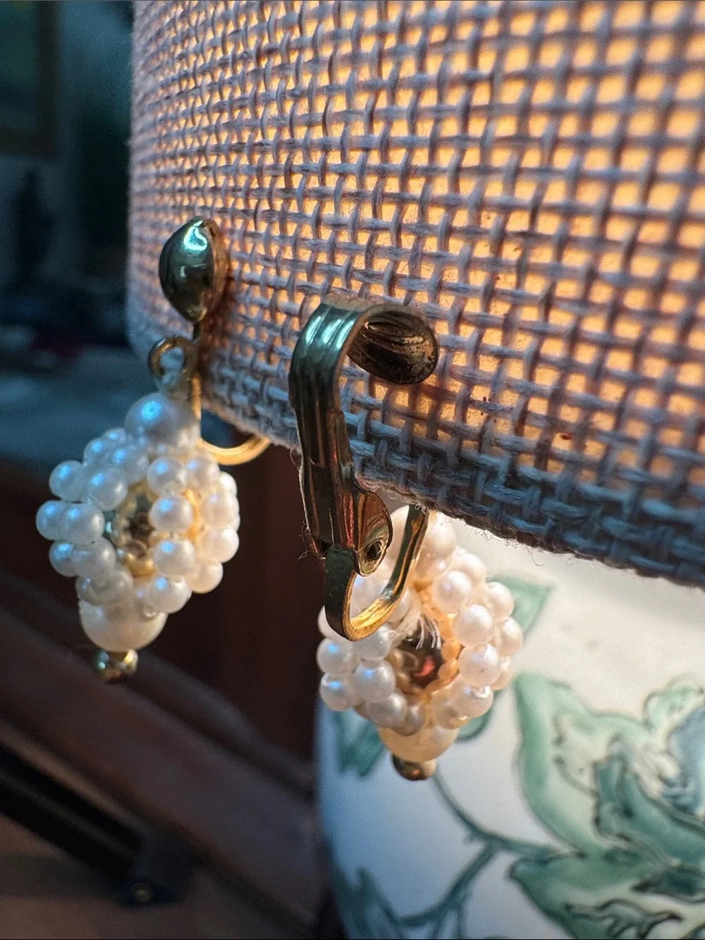 Vintage Pearl Cluster Drop Earrings - Cream and Gold Accents