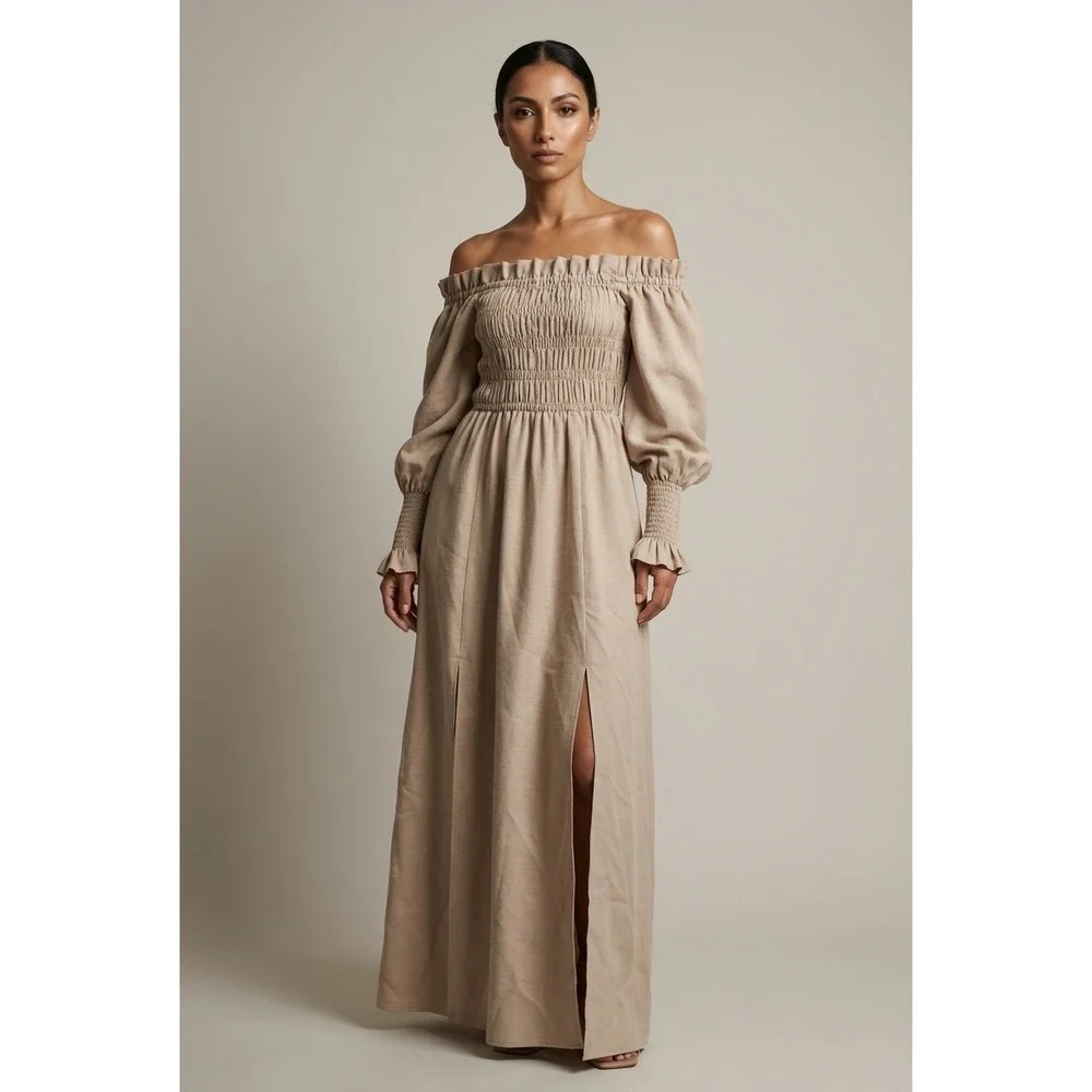 AllSaints Beige Smocked Off-the-Shoulder Maxi Dress US 6 UK 10 Ruffle Slit‎ Boho