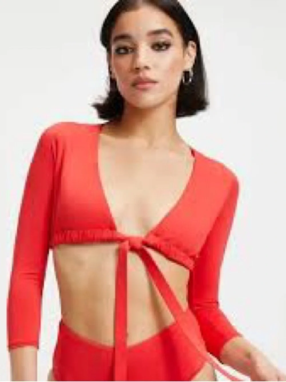 Good American Coral Red Long Sleeve Tie Front Bikini Top