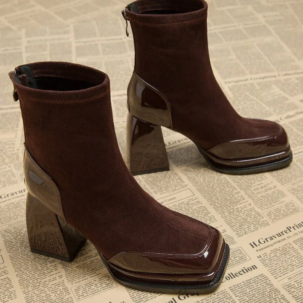 Burgundy Elegant Women's Waterproof Platform High Heel Boots