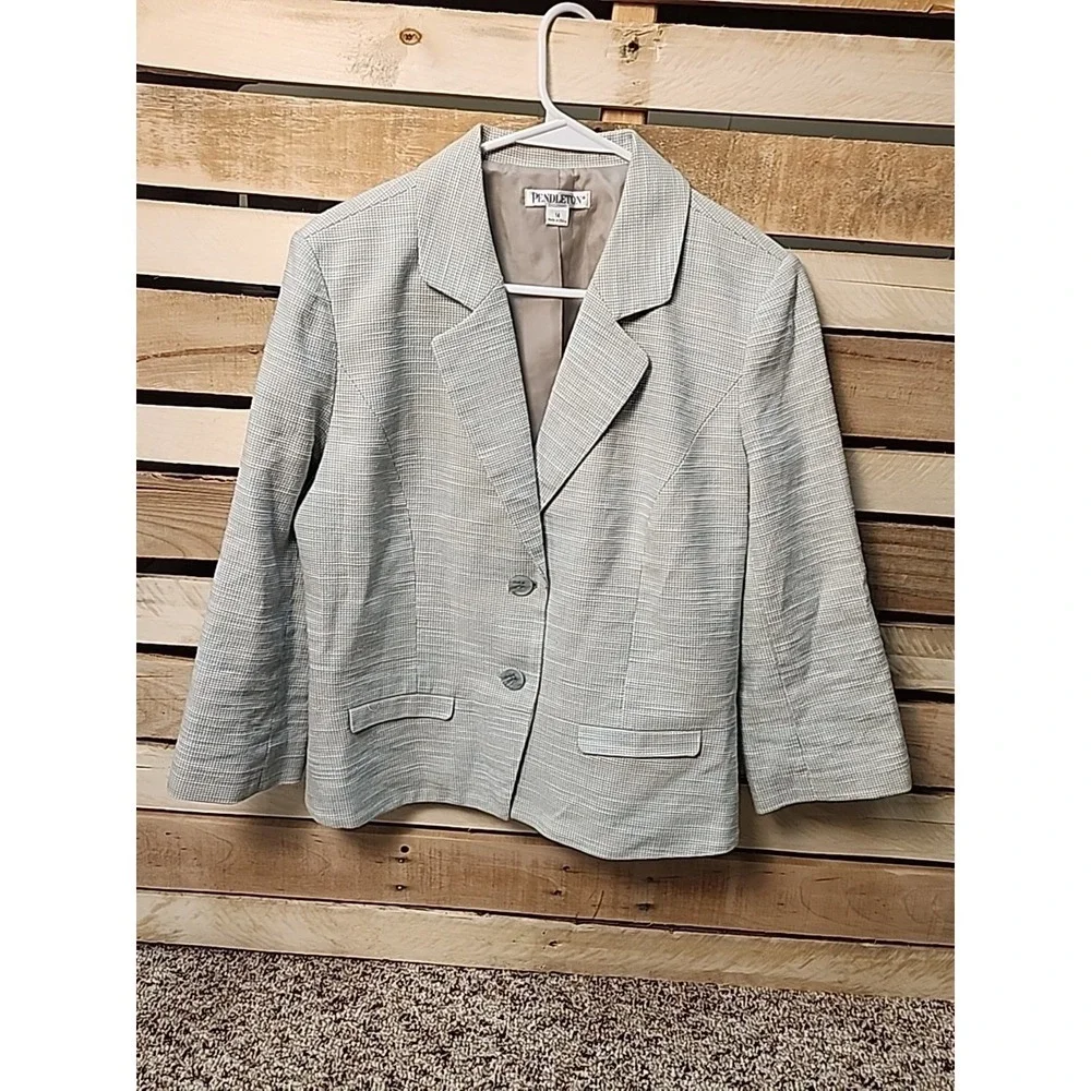 Pendleton Womens Cotton Linen Blend 3/4 Sleeve Green Blazer Jacket Size 14