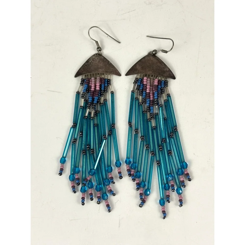 Vintage Southwestern Beaded Fringe Dangle Earrings Blue Glass‎ Tube Beads