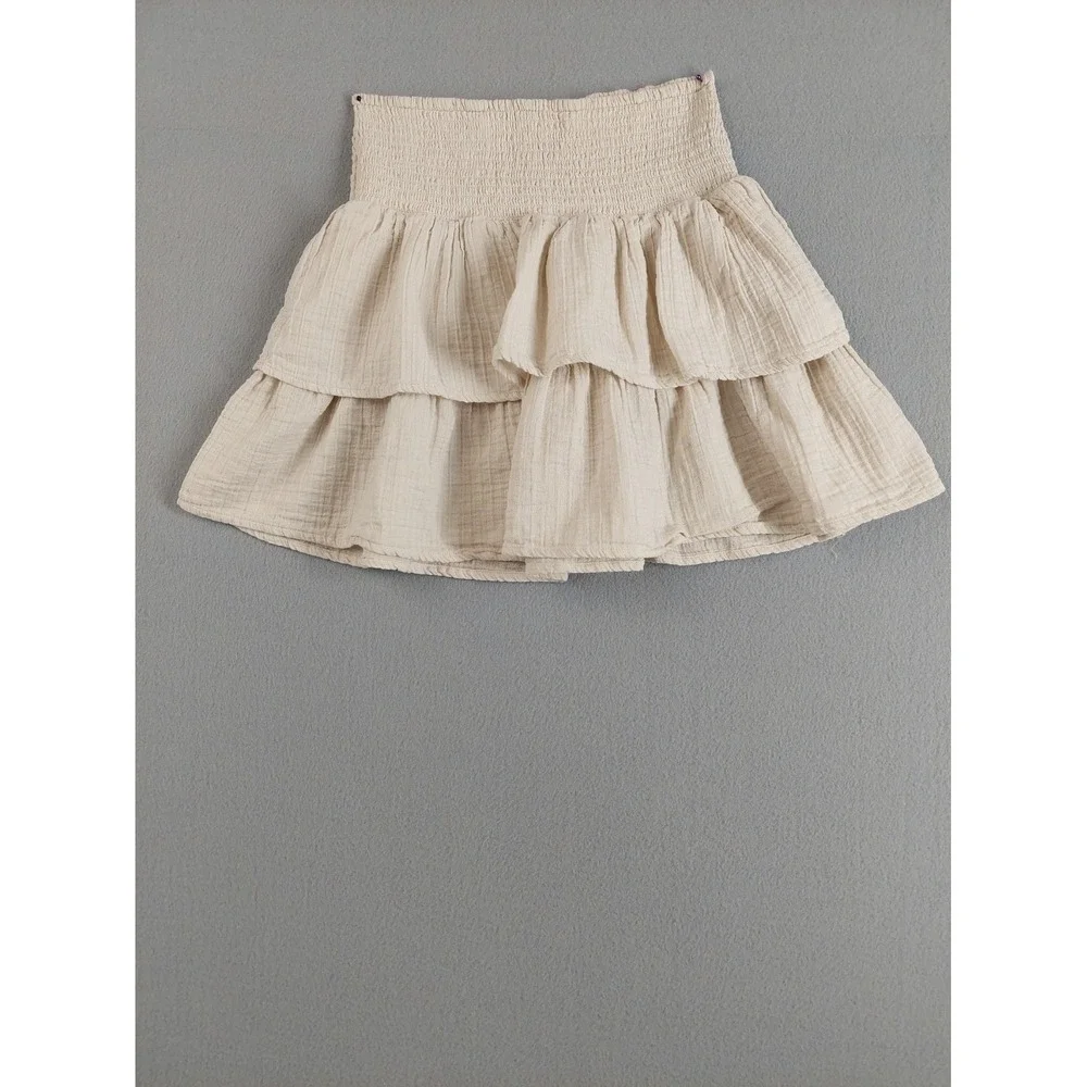Universal Women Mini Skirt XS Beige 100% Cotton Tiered Ruffle Smocked Waist Boho
