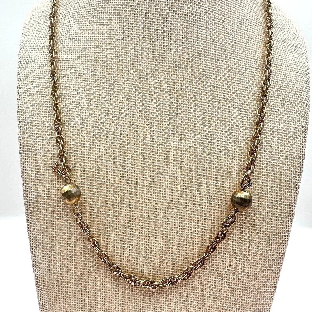 Vintage 80s Gold Tone Ball Bead‎ Station Necklace Rope Chain Statement Jewelry