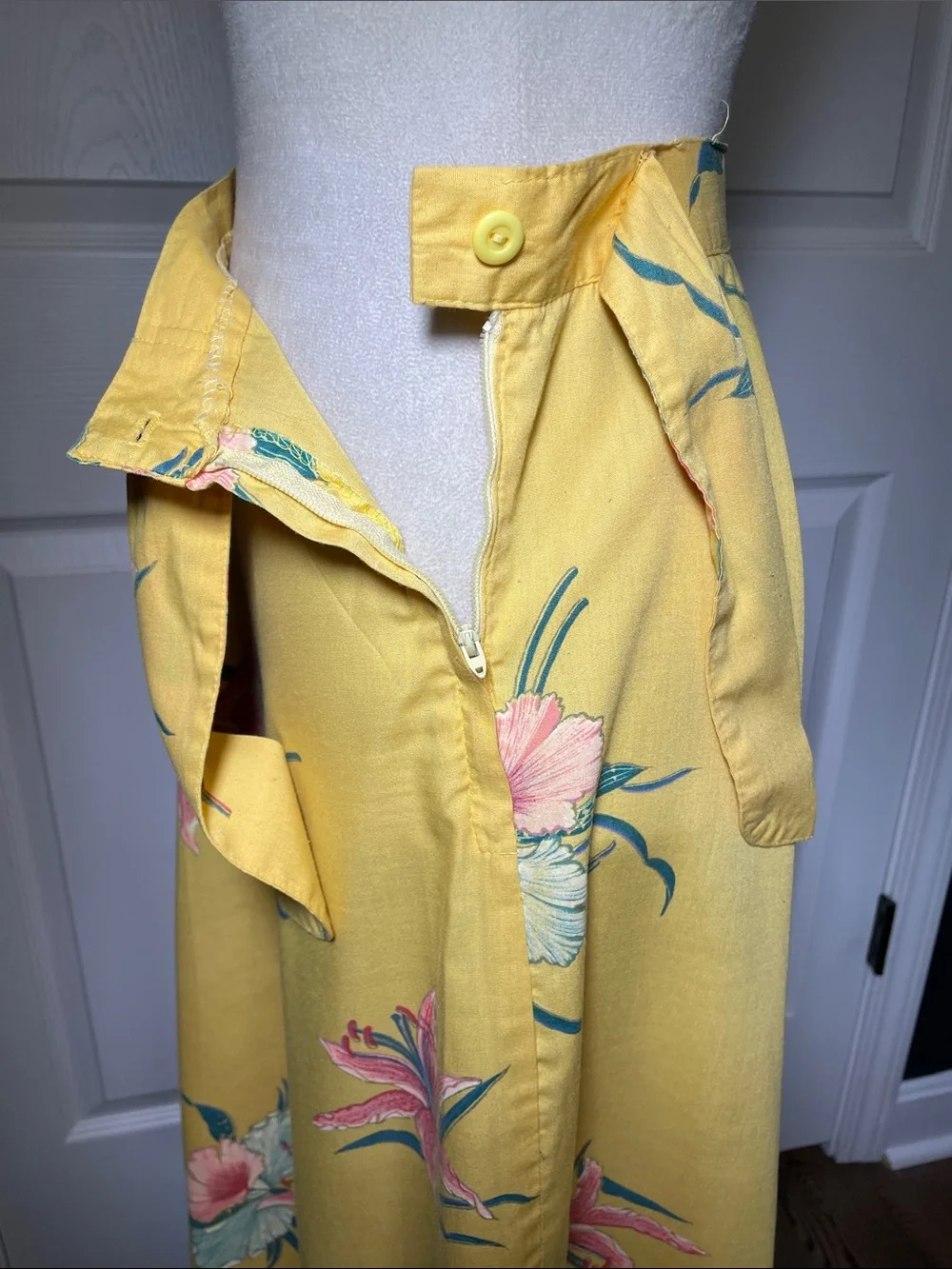 Vintage 70s Yellow Floral Wrap Midi Skirt | Pink Lily Tropical Print A-Line