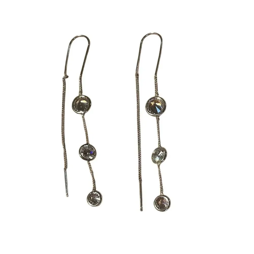 Dangle Drop Earrings with‎ Three Round Clear Stones Silver Tone Jewelry